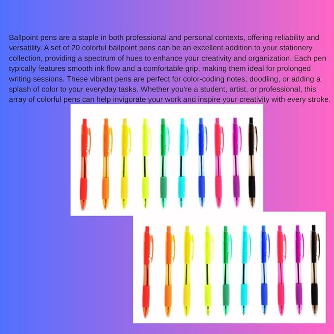 (20) Colorful Ballpoint Pens Assorted Colors Medium Ink Retractable School Office Home Note Taking Journaling Drawing