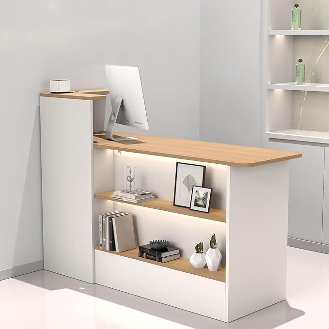 Modern Reception Desk with LED Lights - 47" Front Desk Reception Counter with Dual Display Shelves & Hidden Cable Management, Lockable Drawer & Storage Cabinet for Office, Salon, Spa, Retail, Right