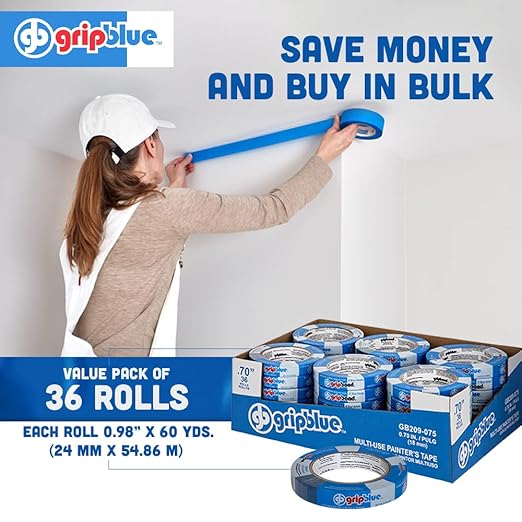 Blue Painters Tape 3/4 Inch Wide, 36 Rolls Masking Tape - Perfect for Precise Lines on Walls & Trim, Multi-Surface, Residue-Free, Easy Removal - Ideal for Indoor & Outdoor Use, 0.70in x 60yds