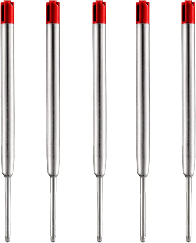 HeTaoCat Red Ink Refill Pack of 5, Replaceable Ballpoint Pen Refills, Medium Point Metal Refil (Red)