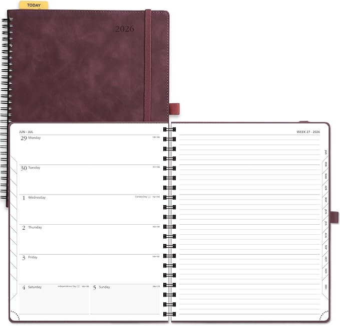 POPRUN 2026 Planner Weekly Notebook Calendar (Jan-Dec), Large Size 8.5'' x 10.5'' - Agenda 2026 Appointment Book with Monthly Tabs, Inner Pocket, Spiral Soft Cover, 100 GSM - Claret