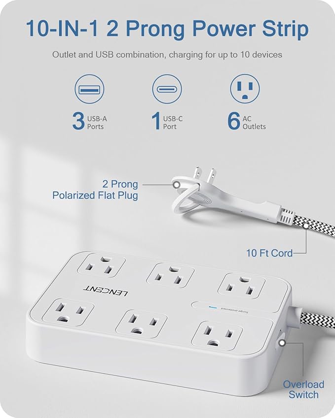 LENCENT 2 Prong Power Strip, 3 to 2 Prong Outlet Adapter, Surge Protector with 10ft Braided Extension Cord with Thin Flat Polarized Plug, 6 AC & 4 USB (1 Type-C), Wall Mount for Non-Grounded Outlet