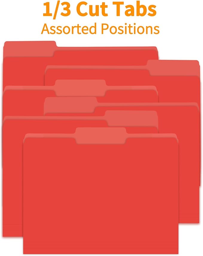 100 Packs Red File Folder,1/3-Cut Tabs,File Folders Letter Size,8.5x11 File Folders for Office,School and Home,Organizer Documents