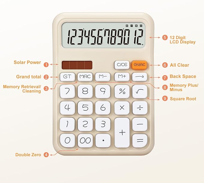 Pendancy Calculators Desktop, Basic 4 Function Handheld Desk Calculator with Solar Battery Dual Power, 12 Digit Large LCD Display Big Button for Office School Home Use (Beige)