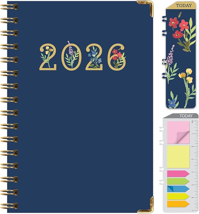 HARDCOVER 2026 Planner, 5.5"x8": 14 Months (November 2025 - December 2026), Daily Weekly Monthly Planner, Yearly Agenda, Bookmark, Pocket Folder and Sticky Note Set (Navy Gold Numbers)