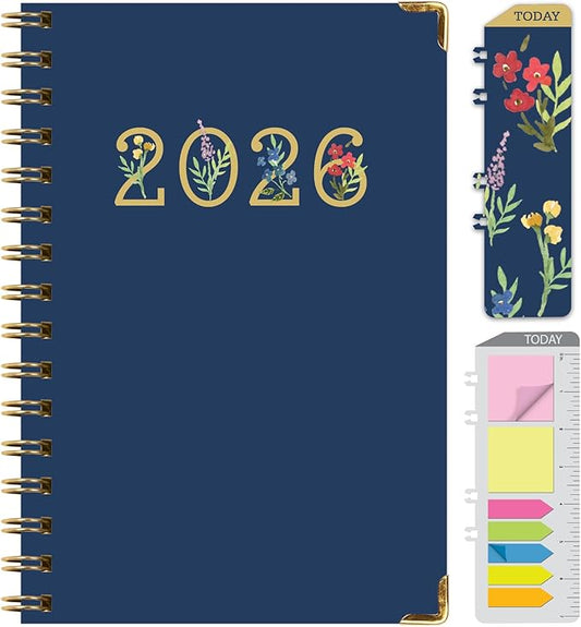 HARDCOVER 2026 Planner, 5.5"x8": 14 Months (November 2025 - December 2026), Daily Weekly Monthly Planner, Yearly Agenda, Bookmark, Pocket Folder and Sticky Note Set (Navy Gold Numbers)