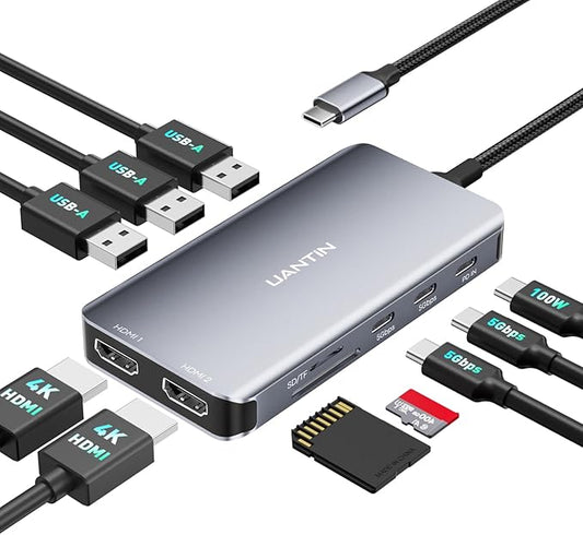 USB C Docking Station Dual Monitor with 2 HDMI, 10-in-1 Laptop Docking Station with 4K@30Hz HDMI, USB C & USB A 3.0, SD/Micro SD, 100W PD, USBC Dock for Dell XPS/HP/Lenovo/Mac/Surface etc