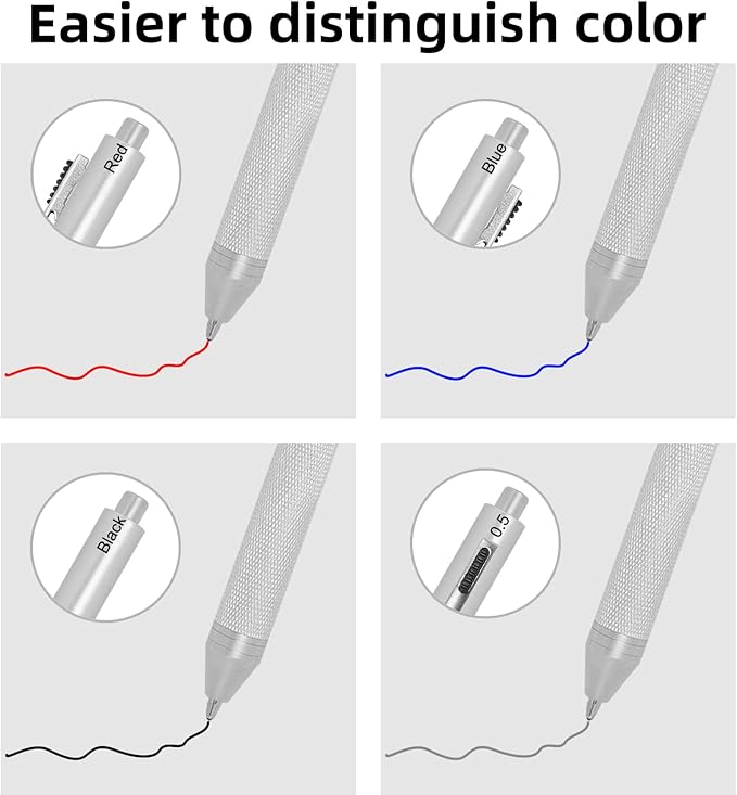 YOUMI Multicolor pen 4 in 1 Multifunction Pen with Metal Cased 0.5mm Mechanical Pencil Red Ballpoint Pen Blue BallpointPen and Black Ballpoint Pen Gift for Journaling (Red)