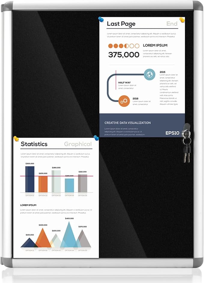 Enclosed Bulletin Board Lockable Display Case Message Board with Locking Door for Indoor, Black Felt, Silver Aluminum Frame, 26x20inch(4XA4)