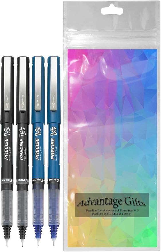 Precise V5 Stick Rolling Ball Pens, Extra Fine Point (.5mm), Assorted Colors Black/Blue Ink, 4-pk; Bundle with Plastic Reusable Pouch