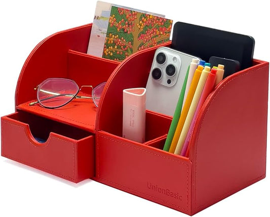 UnionBasic Desk Organizer - Multifunctional Leather Desktop Pen Holder Storage Box - Business Card/Pen/Pencil/Mobile Phone/Stationery Holder, Red
