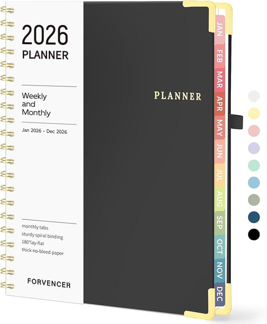 2026 Planner, Forvencer Calendar Planner Weekly and Monthly, January 2026-December 2026, 8.5" X 11", Hardcover Agenda Book with Tabs, Cute Daily Journal Planning with Inner Pocket, Home College Organizer Notebook for Office School Supplies, A4, Black