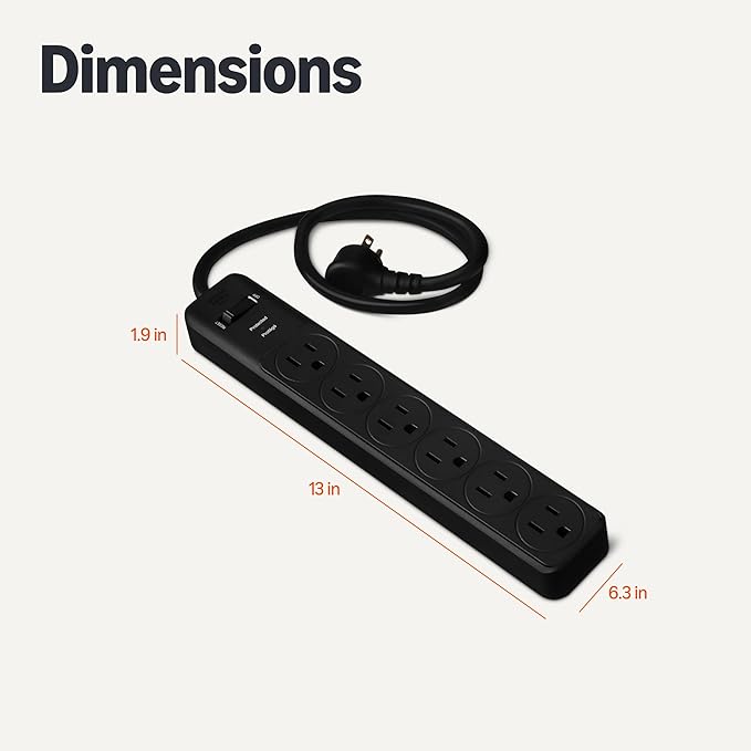 Amazon Basics Rectangle 6-Outlet, 600 Joule Surge Protector Power Strip, 2ft, Black, Small, 2-Pack