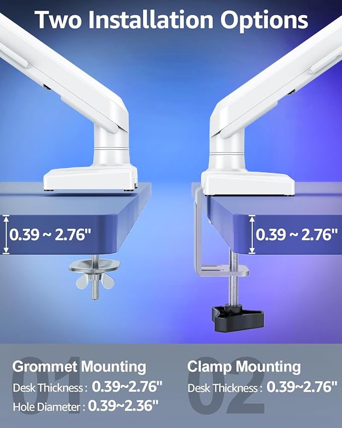Dual Monitor Mount for 32 27 24 22inch Screens, Gas Spring Monitor Stand for 2 Monitor, Full Adjustable Monitors Desk Mount with C-Clamp＆Grommet Base, Each Arm Holds 4.4-22 lbs, Freelift Pro White