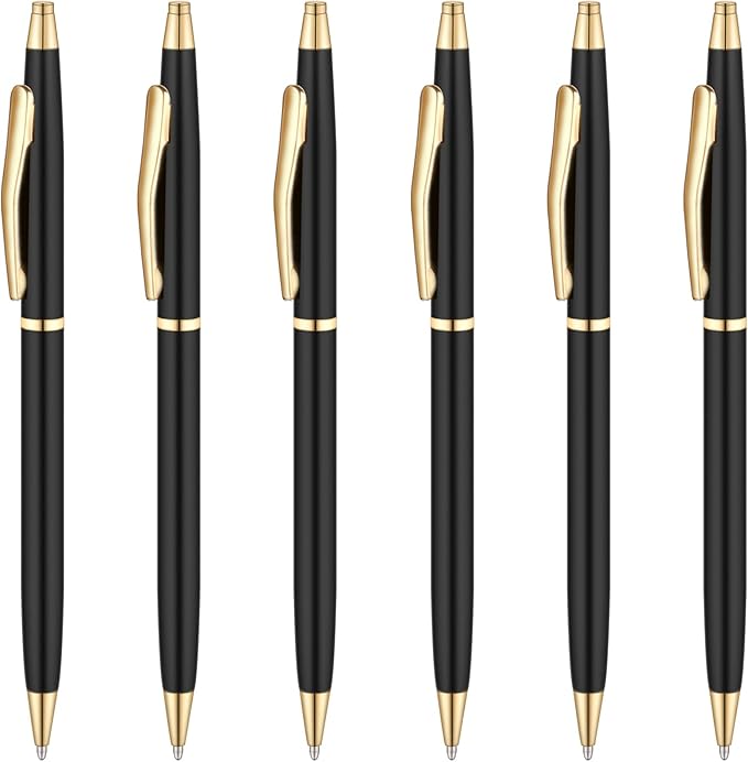 Unibene Slim Metallic Retractable Ballpoint Pens - Black & Gold, Nice Gift for Business Office Students Teachers Wedding Christmas, Medium Point(1 mm) 6 Pack-Black ink