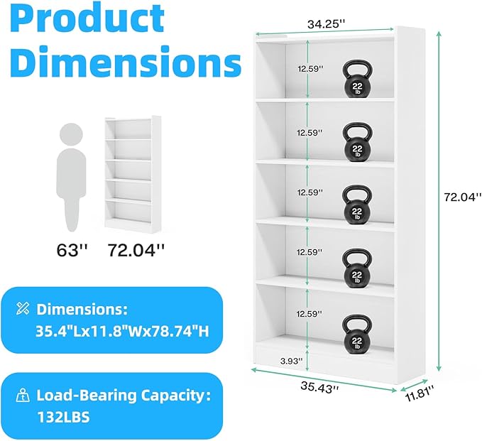 72" Rectangle Wooden Bookshelf with 5 Tier Bookshelf, Large Bookcase for Home Offices and Living Rooms with Storage Shelves, Display Shelves, White