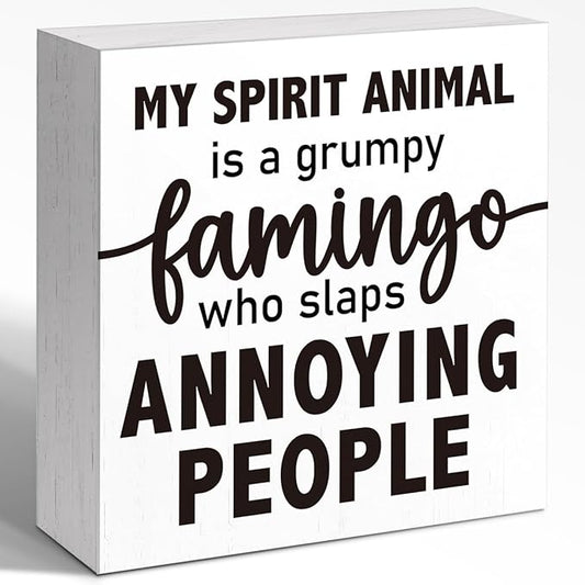 Funny Office Wood Box Sign - "Grumpy Flamingo Spirit" Wooden Block Sign, 5x5x1 Inch Whimsical Desk Decor for Sassy Female Professionals