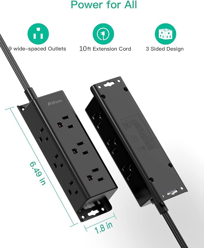 Surge Protector Power Strip - 9 Widely Spaced Multi Outlets, Wall Mount, 3 Side Outlet Extender with Extension Cord, Flat Plug, Overload Protection, Home Office Dorm Room Essentials (10FT, Black)