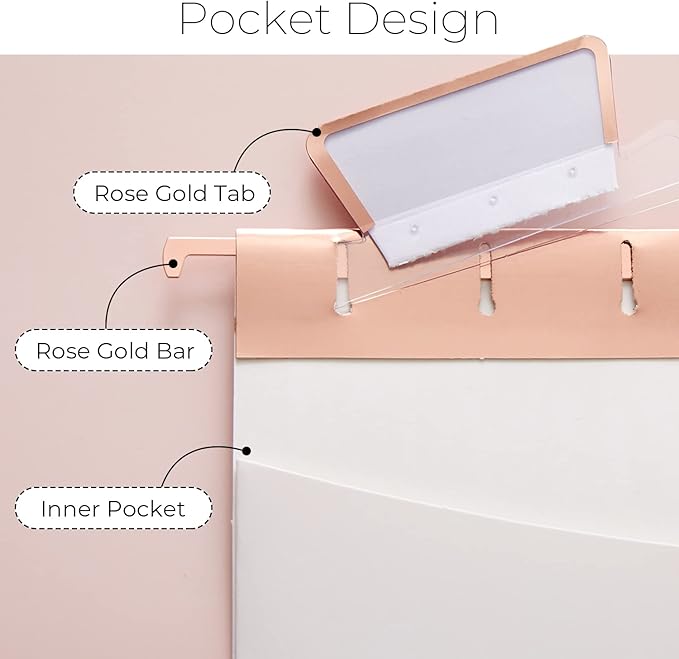 Y YOMA 6 Pack Rose Gold Hanging File Folders with Pocket Letter Size Decorative File Folder Cute Pretty Hanging Folder for Office Home School with 1/5-Cut Adjustable Tabs, Inner Storage Pockets