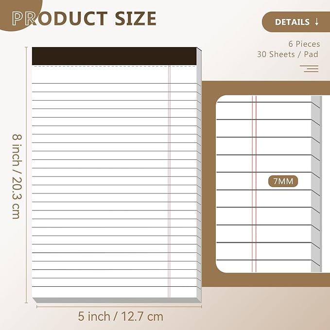 5" x 8" Note Pads 6 Pack of Legal Pads Narrow Ruled Notepad with Perforated Notepads 30 Sheets Small Writing Pads 21lb Legal Pad Quality Paper Ideal for Home, Office, or School Use