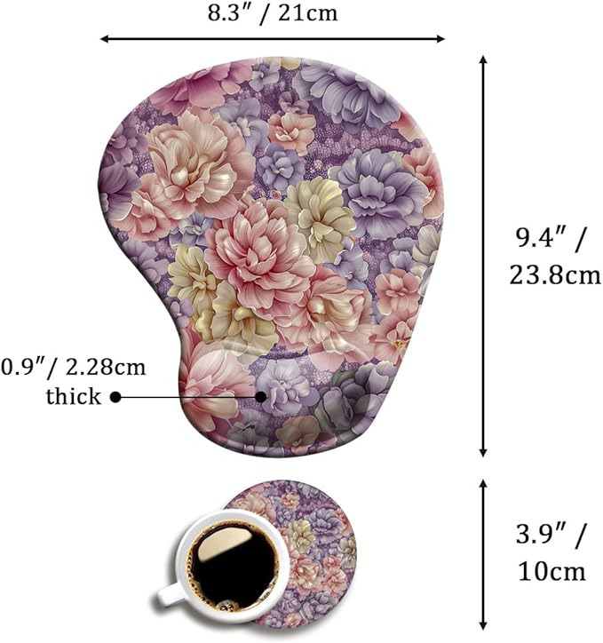Ergonomic Mouse Pad with Wrist Support,Mouse Pad with Wrist Rest and Coaster Set,Office Supplies Non-Slip Mouse Pads for Desk, Non-Slip Comfortable,Boho Floral