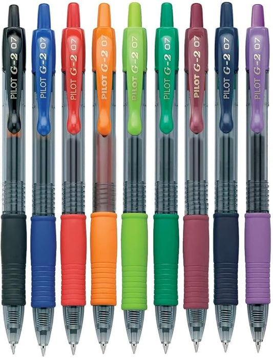 G2 Retractable Premium Gel Ink Roller Ball Pens Fine Point Fine Point (.7mm) Assorted Colors Ink 9-pk; Refillable & Premium Comfort Grip Bundle with Plastic Reusable Pouch