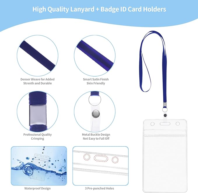 RexID 50 Pcs Vertical ID Holder Badges Name Tags,Waterproof Clear Plastic ID Card Holders with Blue Lanyard (50 Pcs (Vertical), Blue)