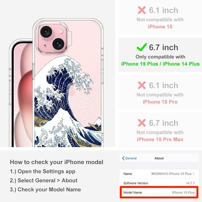 MOSNOVO Case for iPhone 15 Plus/iPhone 14 Plus, [Buffertech 6.6ft Military-Grade Drop Protection] [Anti Peel Off Tech] Clear TPU Bumper Phone Case Cover Design - Great Wave
