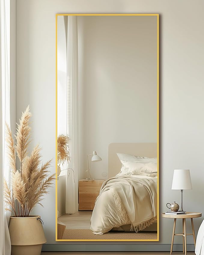 Full-Length Floor Mirror with Stand, 58"x21" Rectangle Style Full Body Standing Mirror for Bedroom, Living Room, Gym, Dorm - Shatter-Resistant & Easy Assembly, Gold