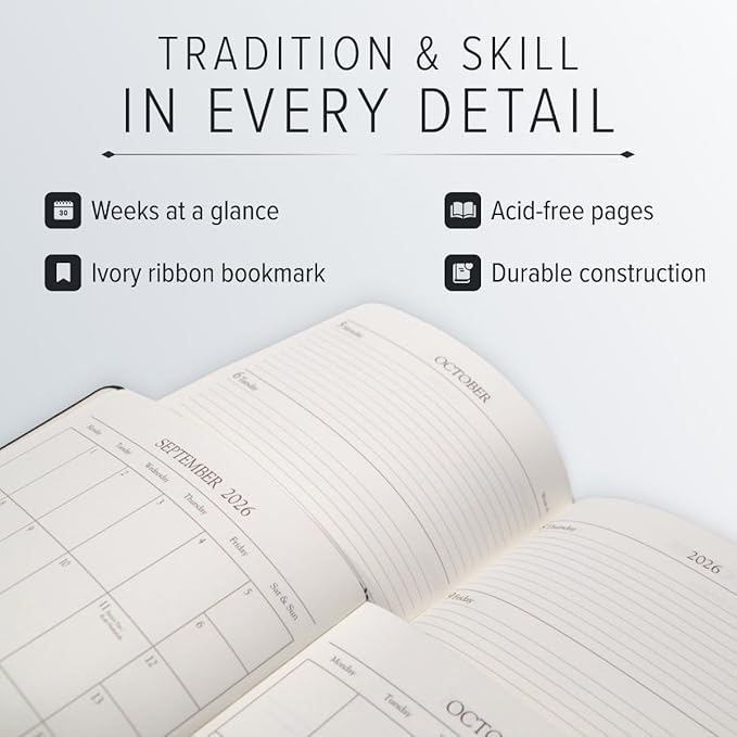 Gallery Leather Large Weekly Monthly Planner 2025-2026, Elegantly Bound Calendar Planner and Notebook with Stylish Gold-Gilded Page Edges, 12 Months - Acadia Lime - 9.75 x 7.5 "