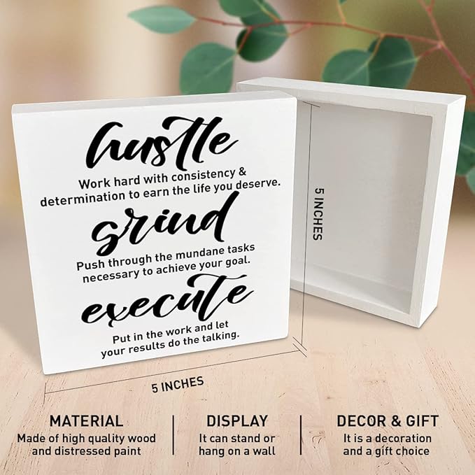Inspirational Wooden Box Sign, Hustle Grind Execute, Inspirational Home Office Desk Decor, Motivational School Classroom Decoration, Positive Gifts for Women Men Coworkers Student 5 inches*5 inches