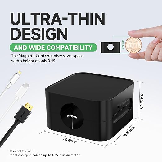 12 Black Magnetic Cable Clips,Under Desk Cable Management,Cord Holder for Nightstand Home Office Car Phone Wall,2025 Adhesive Cord Organizer[0.45" in Ht Save Space/Versatile for Wire Up to 0.27" OD]