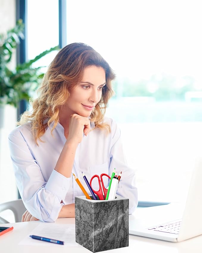 Marble Pencil Pen Holder for Desk, Multi-Functional Pen Cup Pencil Holder for Office School Supplies Storage, Makeup Brush Holder for Home and Office (Cuboid-Black)