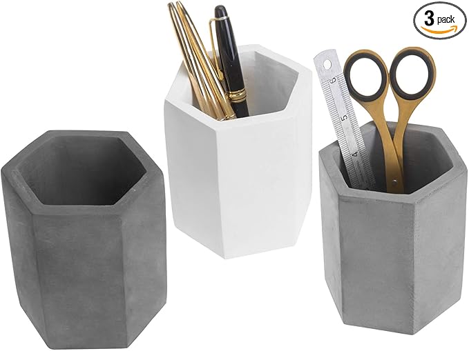 MyGift Set of 3 Cement Decorative Hexagon Multi-Colored Desktop Pen Holder and Pencil Office Supply Stationary Storage Cups (White, Gray, Black)