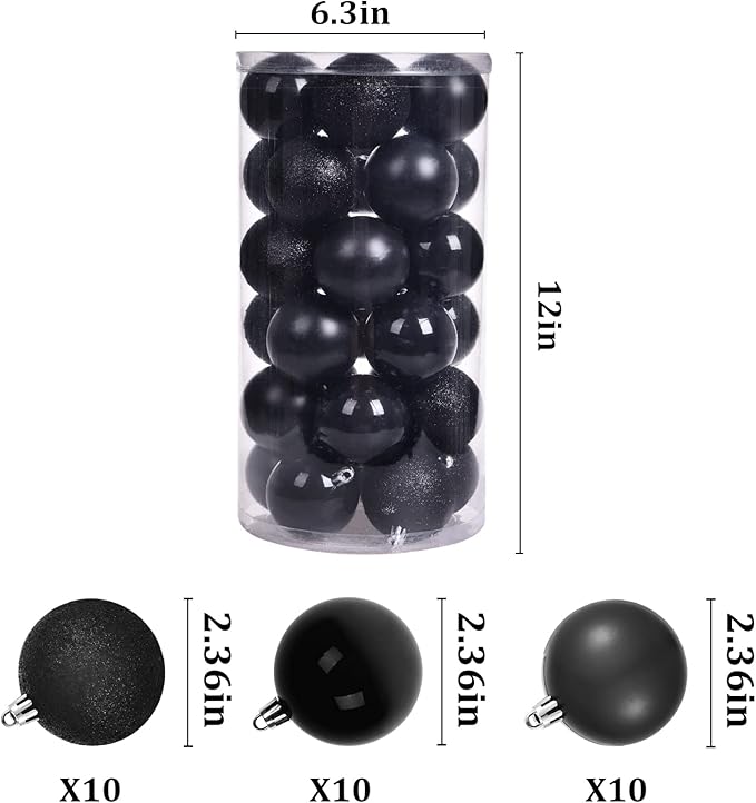 30pcs Christmas Ball Ornaments, 2.36" Shatterproof Tree Decorations, Perfect Hanging Ball for Indoor/Outdoor Holiday Christmas Party Decor (Black)