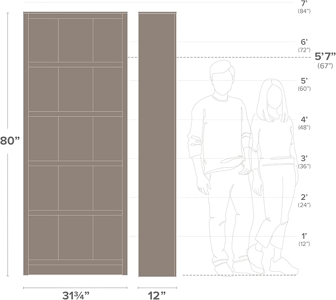 Prepac Moda 5-Tier Tall Wooden Bookcase, Oak Storage Cabinet, Display Cabinet, Bookshelf with Storage Shelves 31.75" W x 80" H x 12" D for Home Office, Living Room, Bedroom Organizer