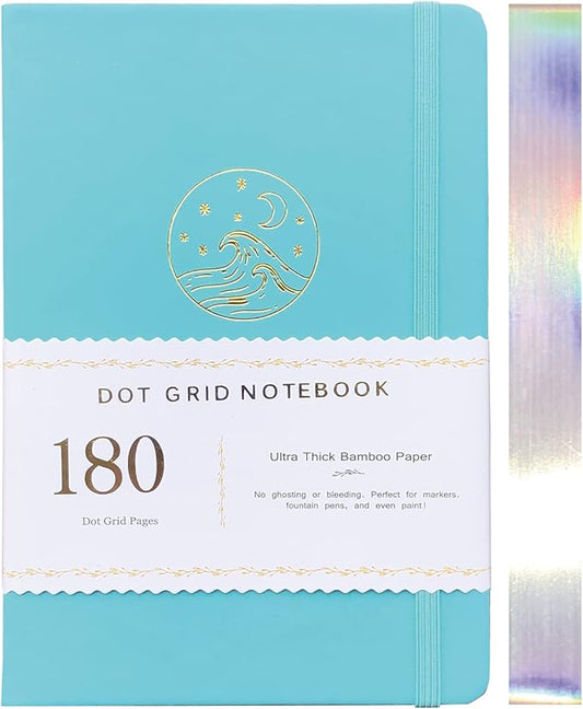 Dotted Notebook Journal 180GSM Bamboo Thick White Paper 160 Pages 5 * 5MM Dot Grid, Lay Flat Binding,Colored Silver Edges, Bookmarks and Expandable Back Pocket (BKP-7)