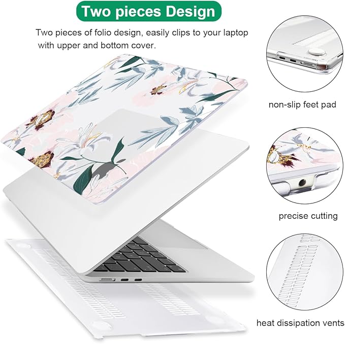 for New MacBook Air 13.6 inch Case 2025 M4 A3240 Cover, Printed Pattern Plastic Hard Shell Case Keyboard Skin for M2 M3 Mac Air 13.6 2024 2023 2022 A2681 A3113, Pink Peonies & Lilies