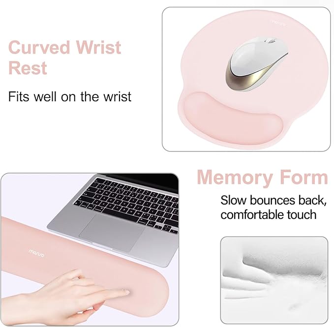MOSISO Wrist Rest Support for Mouse Pad&Keyboard Set, Circle Curved Ergonomic Mousepad&Coaster Non-Slip Base Home/Office Pain Relief&Easy Typing Pad with Soft Cloth&Silicone Lining, Chalk Pink
