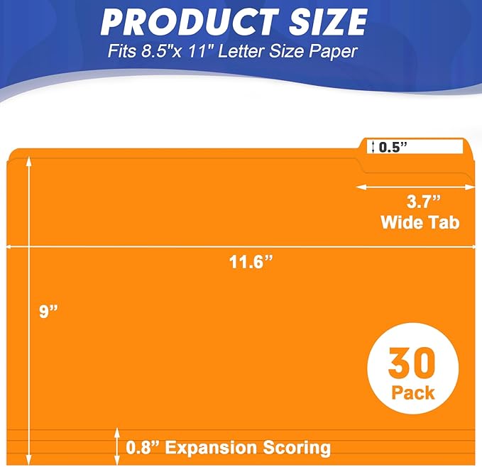 File Folder, HERKKA 30 Pack 1/3 Cut Tab File Folders, File Folders Great for Organizing and Filing, Letter Size, Orange