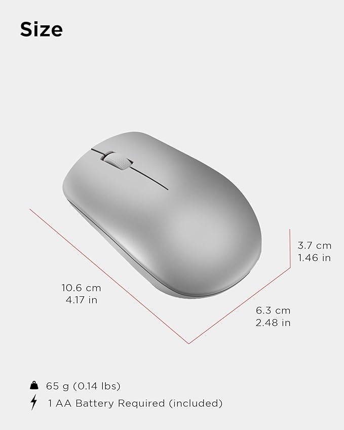 Lenovo 530 Full Size Wireless Computer Mouse for PC, Laptop, Computer with Windows - 2.4 GHz Nano USB Receiver - Ambidextrous Design - 12 Months Battery Life - Platinum Grey