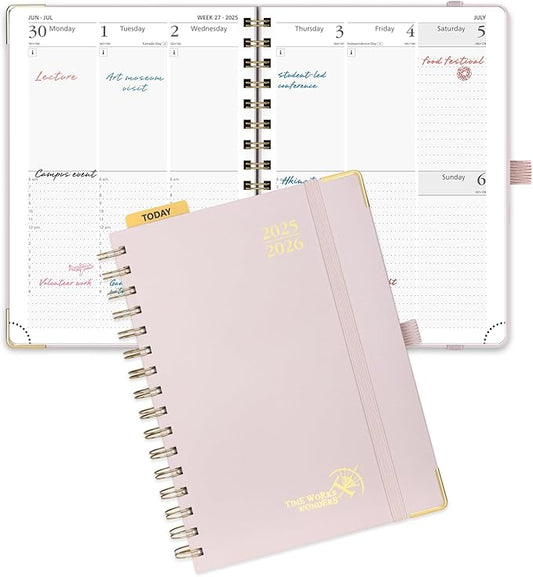 POPRUN Academic Planner 2025-2026 (July 2025-June 2026), Daily Weekly and Monthly Appointment Book (Wirebound Hard Cover - 6.25'' x 8.5'') with Hourly Time Slots, Tabs, 100 GSM - Light Pink