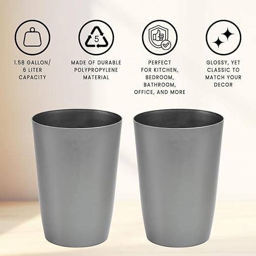 Mini Waste Basket - Durable Small Plastic Garbage Trash Can Bin - Lidless Open-Top Rectangular Slim Profile for Compact Spaces - Suitable for Home, Office, Kitchen and More (2-Pack, Silver Brushed)