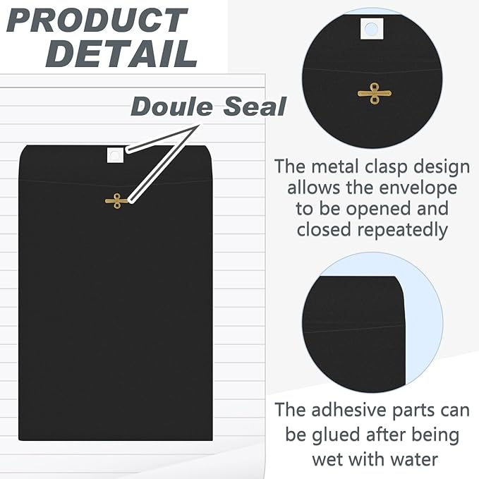 Geyee 100 Pcs Clasp Manilla Envelopes 9 x 12 Inch Gummed Colored Envelopes for Storing or Mailing for Home Office Business Supplies(Black)