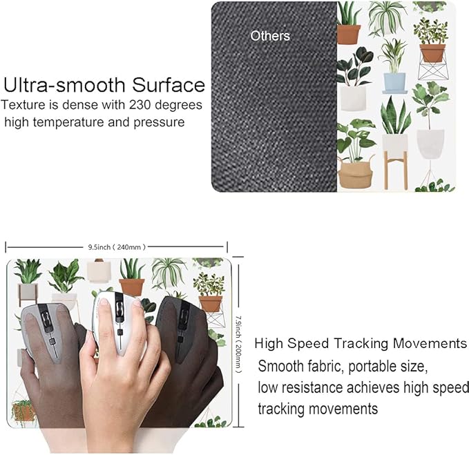 Mouse Pad, Cute House Plants Mouse Pads, Square Washable Cloth Personalized Mouse Mat with Design, Gaming Office Home Non-Slip Rubber Base Computer Mousepad