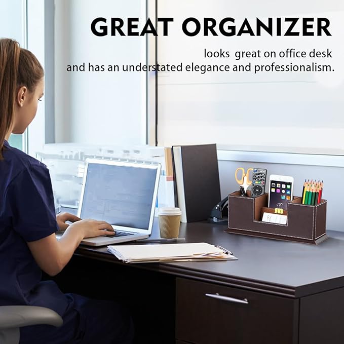 PUSU Desk Pencil Holder, PU Leather Pen Holder for Desk, Executive Desk Organizers and Accessories, Multifunctional Desk Organizer with 4 Compartments Storage Business Card/Pen/Pencil/Phone/Stationery