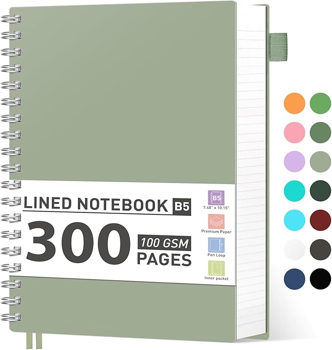 AHGXG Spiral Notebook College Ruled - Large Spiral Journal Notebook B5 7.48" × 10.15", 300 Pages, 100GSM Thick Paper, Plastic Hardcover, for Work Office School Writing Notes, Sage Green