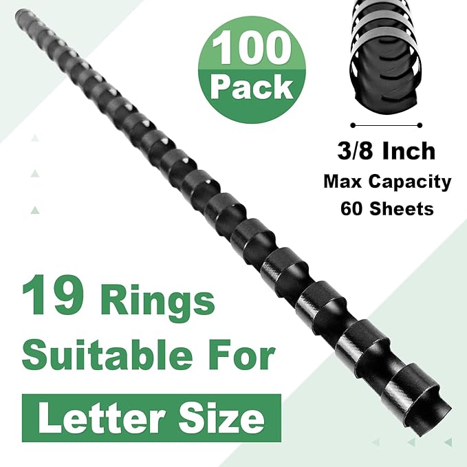 HOUYEE 100 Pack 3/8 Inch Plastic Binding Comb 19 Ring, 60 Sheet Capacity, Black Comb Binding Spines for Letter Size Paper