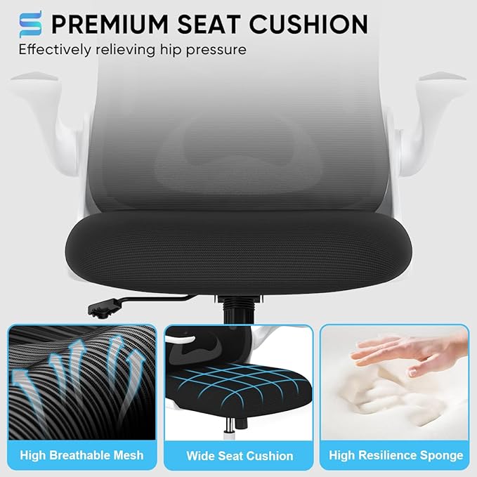 Sytas Ergonomic Desk Chair with Padded Flip up Arms and Supportive Lumbar Support, Breathable Mesh Home Office Chair with Comfortable Cushion for Home or Office(White)