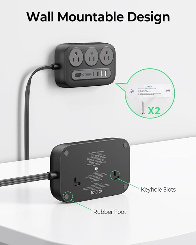 ORICO Surge Protector Power Strip, Multiple Outlets Extension Cord with 6 AC Outlets 2 USB-A and 2 USB-C Ports, 5 ft Flat Plug Power Strip, Mountable Outlet Extender for Dorm/Office/Home- OG